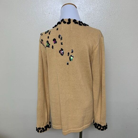 Storybook Knit Embellished Sequined Cheetah Cardigan Small Tan - Picture 3 of 13